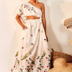 FARM RIO Pitanga Embroidery One Shoulder Cut Out Maxi Dress